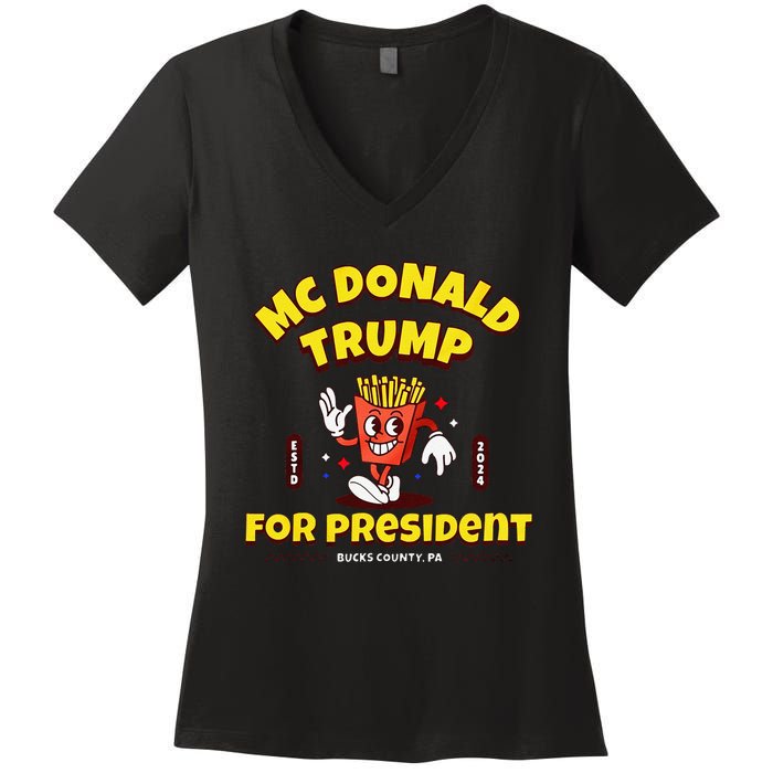 Funny Mcdonald Trump For President 2024 French Fries Gift Women's V-Neck T-Shirt