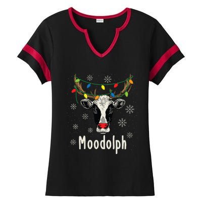 Funny Moodolph Ugly Christmas Cow Farmer Pun Ladies Halftime Notch Neck Tee