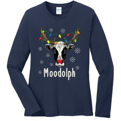 Funny Moodolph Ugly Christmas Cow Farmer Pun Ladies Long Sleeve Shirt