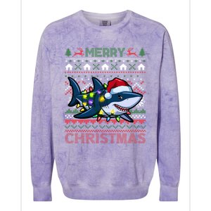 Funny Merry Ugly Christmas Shark Santa Hat Lights Xmas Gift Colorblast Crewneck Sweatshirt