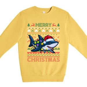 Funny Merry Ugly Christmas Shark Santa Hat Lights Xmas Gift Premium Crewneck Sweatshirt