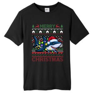 Funny Merry Ugly Christmas Shark Santa Hat Lights Xmas Gift Tall Fusion ChromaSoft Performance T-Shirt