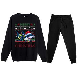 Funny Merry Ugly Christmas Shark Santa Hat Lights Xmas Gift Premium Crewneck Sweatsuit Set