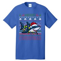 Funny Merry Ugly Christmas Shark Santa Hat Lights Xmas Gift Tall T-Shirt