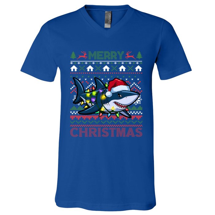 Funny Merry Ugly Christmas Shark Santa Hat Lights Xmas Gift V-Neck T-Shirt