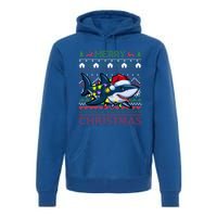 Funny Merry Ugly Christmas Shark Santa Hat Lights Xmas Gift Premium Hoodie