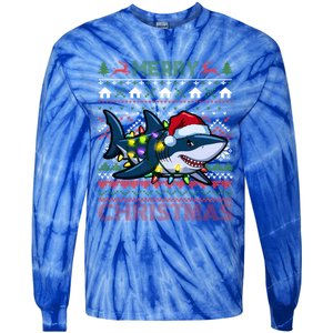 Funny Merry Ugly Christmas Shark Santa Hat Lights Xmas Gift Tie-Dye Long Sleeve Shirt