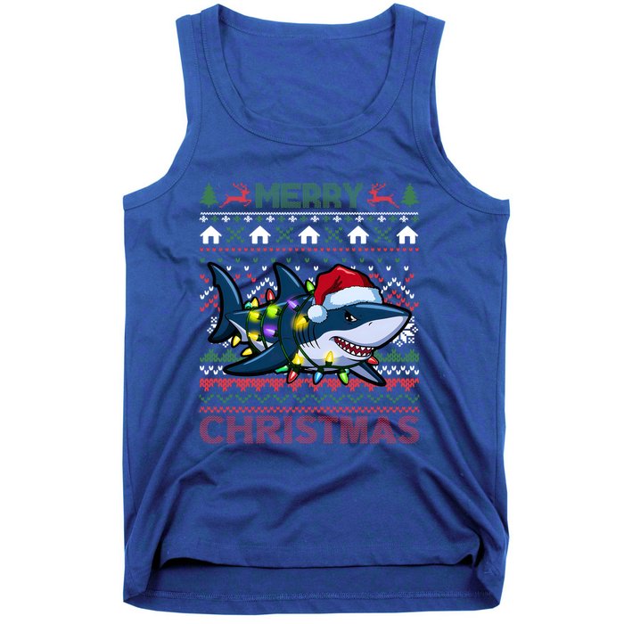 Funny Merry Ugly Christmas Shark Santa Hat Lights Xmas Gift Tank Top