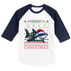 Funny Merry Ugly Christmas Shark Santa Hat Lights Xmas Gift Baseball Sleeve Shirt