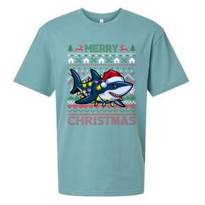 Funny Merry Ugly Christmas Shark Santa Hat Lights Xmas Gift Sueded Cloud Jersey T-Shirt