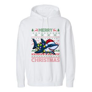 Funny Merry Ugly Christmas Shark Santa Hat Lights Xmas Gift Garment-Dyed Fleece Hoodie