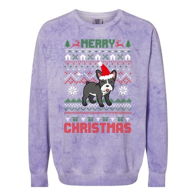 Funny Merry Ugly Christmas Sweater French Bulldog Santa Hat Long Sleeve Colorblast Crewneck Sweatshirt