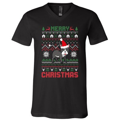 Funny Merry Ugly Christmas Sweater French Bulldog Santa Hat Long Sleeve V-Neck T-Shirt