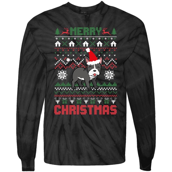 Funny Merry Ugly Christmas Sweater French Bulldog Santa Hat Long Sleeve Tie-Dye Long Sleeve Shirt