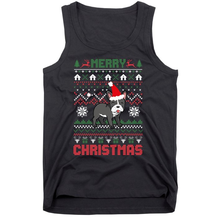 Funny Merry Ugly Christmas Sweater French Bulldog Santa Hat Long Sleeve Tank Top