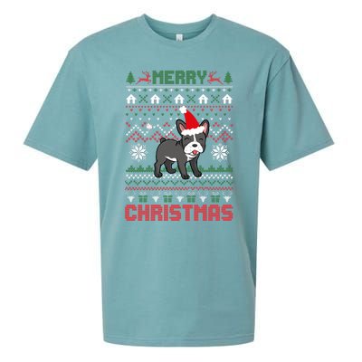 Funny Merry Ugly Christmas Sweater French Bulldog Santa Hat Long Sleeve Sueded Cloud Jersey T-Shirt