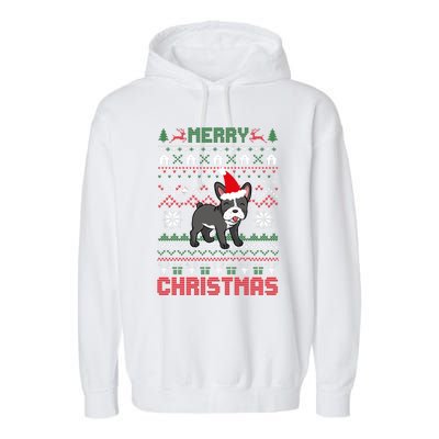 Funny Merry Ugly Christmas Sweater French Bulldog Santa Hat Long Sleeve Garment-Dyed Fleece Hoodie