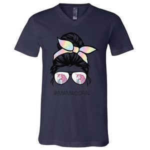 Funny Mamacorn Unicorn Costume Mom Messy Hair Bun Mother Day V-Neck T-Shirt