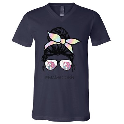 Funny Mamacorn Unicorn Costume Mom Messy Hair Bun Mother Day V-Neck T-Shirt