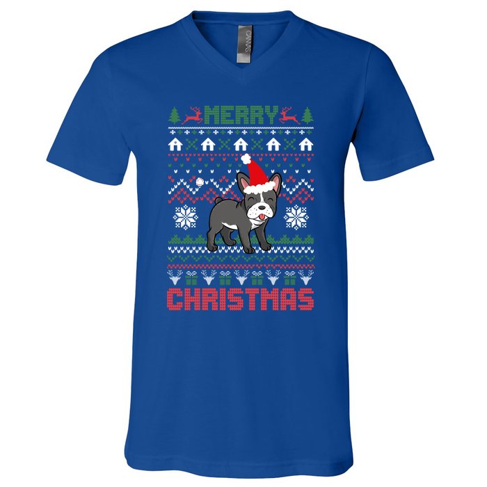 Funny Merry Ugly Christmas Sweater French Bulldog Santa Hat Gift V-Neck T-Shirt