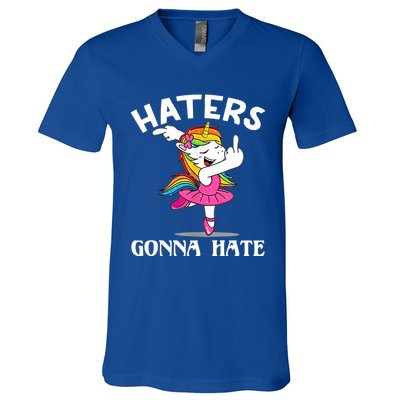 Funny Magical Unicorn Middle Finger Haters Gonna Hate Gift V-Neck T-Shirt