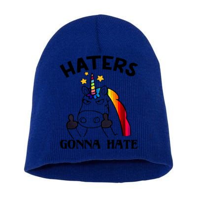 Funny Magical Unicorn Middle Finger Haters Gonna Hate Gift Short Acrylic Beanie