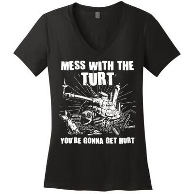Funny Mess With The Turt You're Gonna Get Hurt Battle Turtle Women's V-Neck T-Shirt