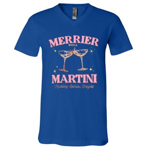 Funny Merrier With A Martini Bachelorette Merry Christmas Gift V-Neck T-Shirt