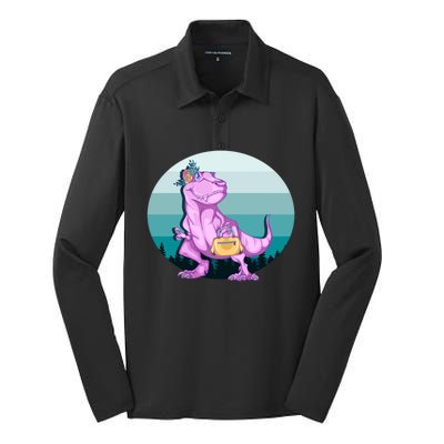 Funny Mamasaurus With Retro Landscape Gift Silk Touch Performance Long Sleeve Polo