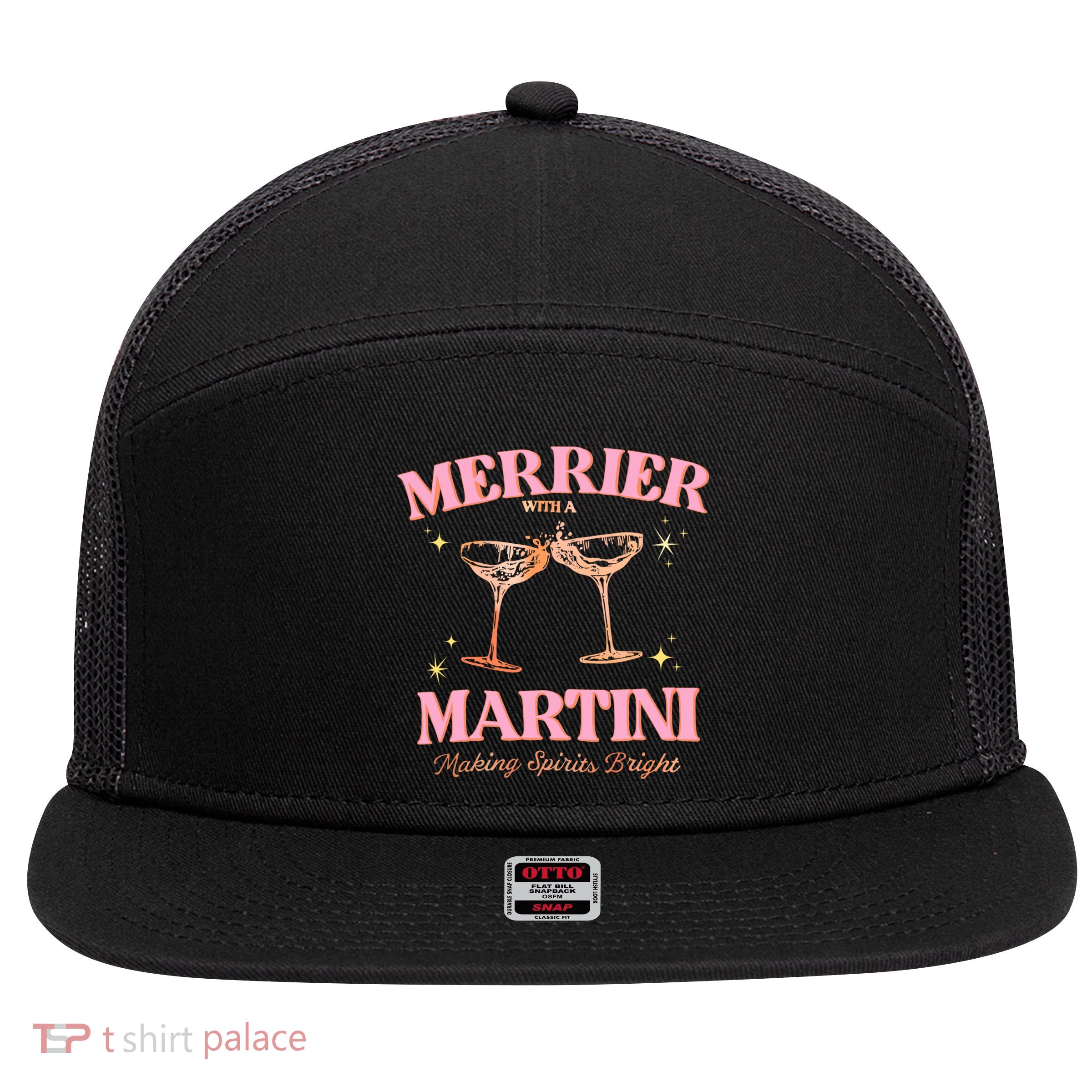Funny Merrier With A Martini Bachelorette Merry Christmas Gift 7 Panel Mesh Trucker Snapback Hat