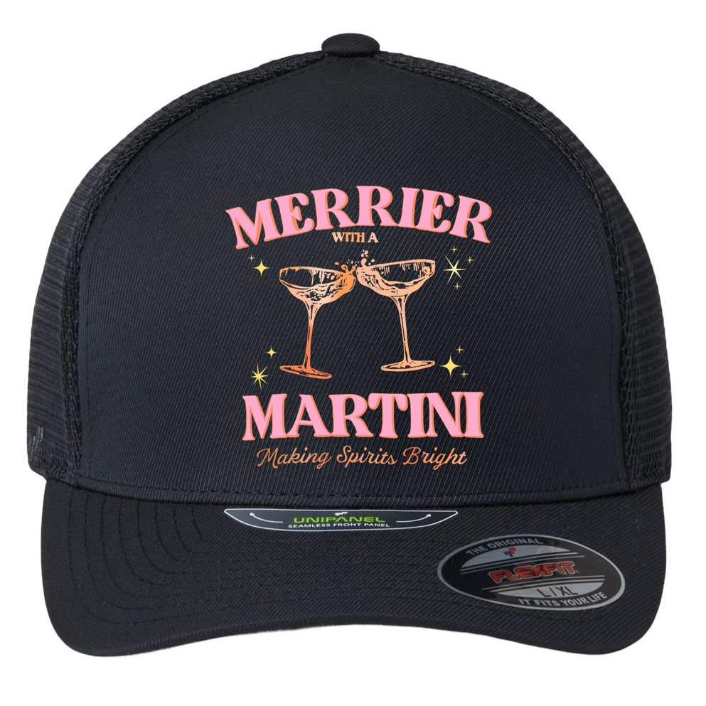 Funny Merrier With A Martini Bachelorette Merry Christmas Gift Flexfit Unipanel Trucker Cap