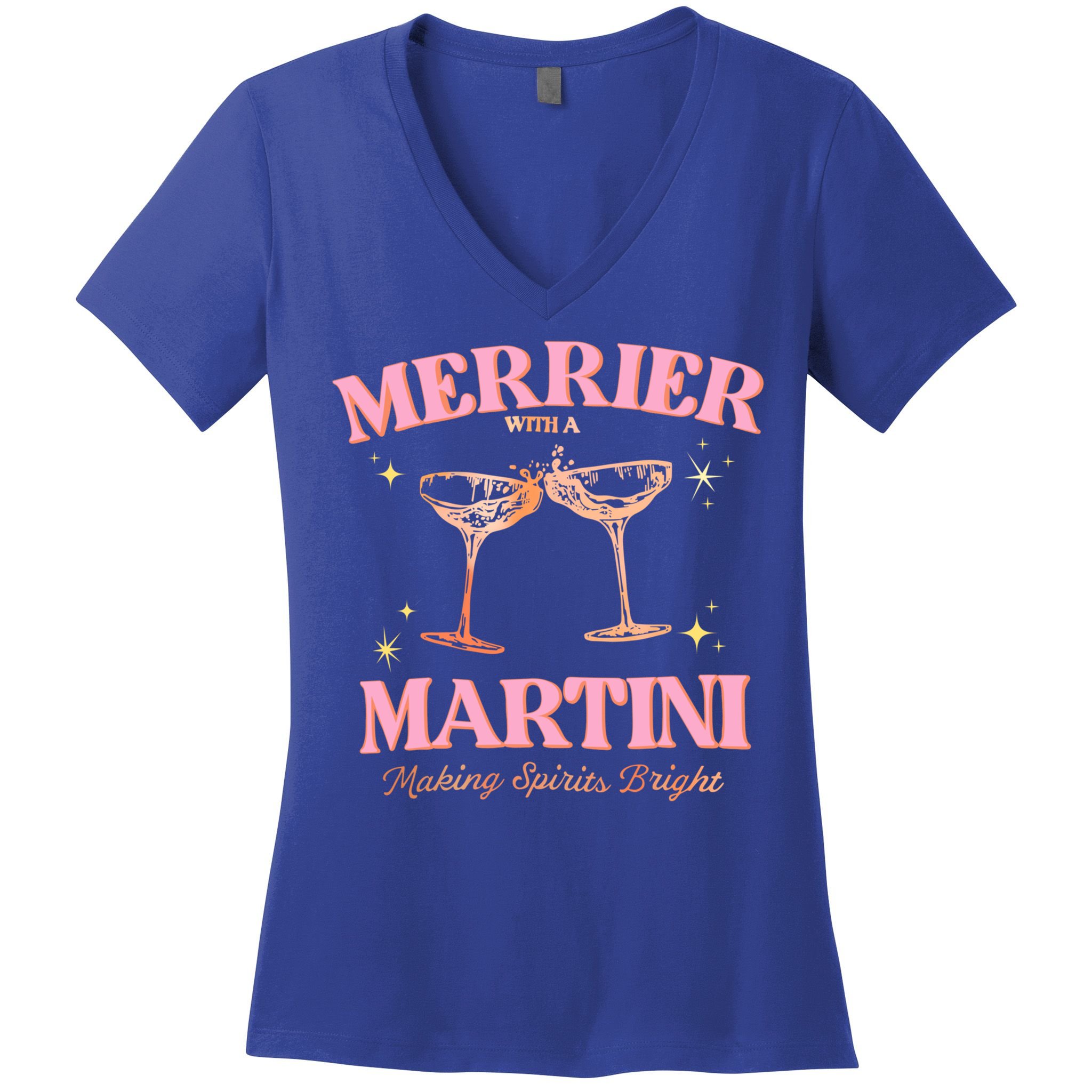 Funny Merrier With A Martini Bachelorette Merry Christmas Gift Women's V-Neck T-Shirt