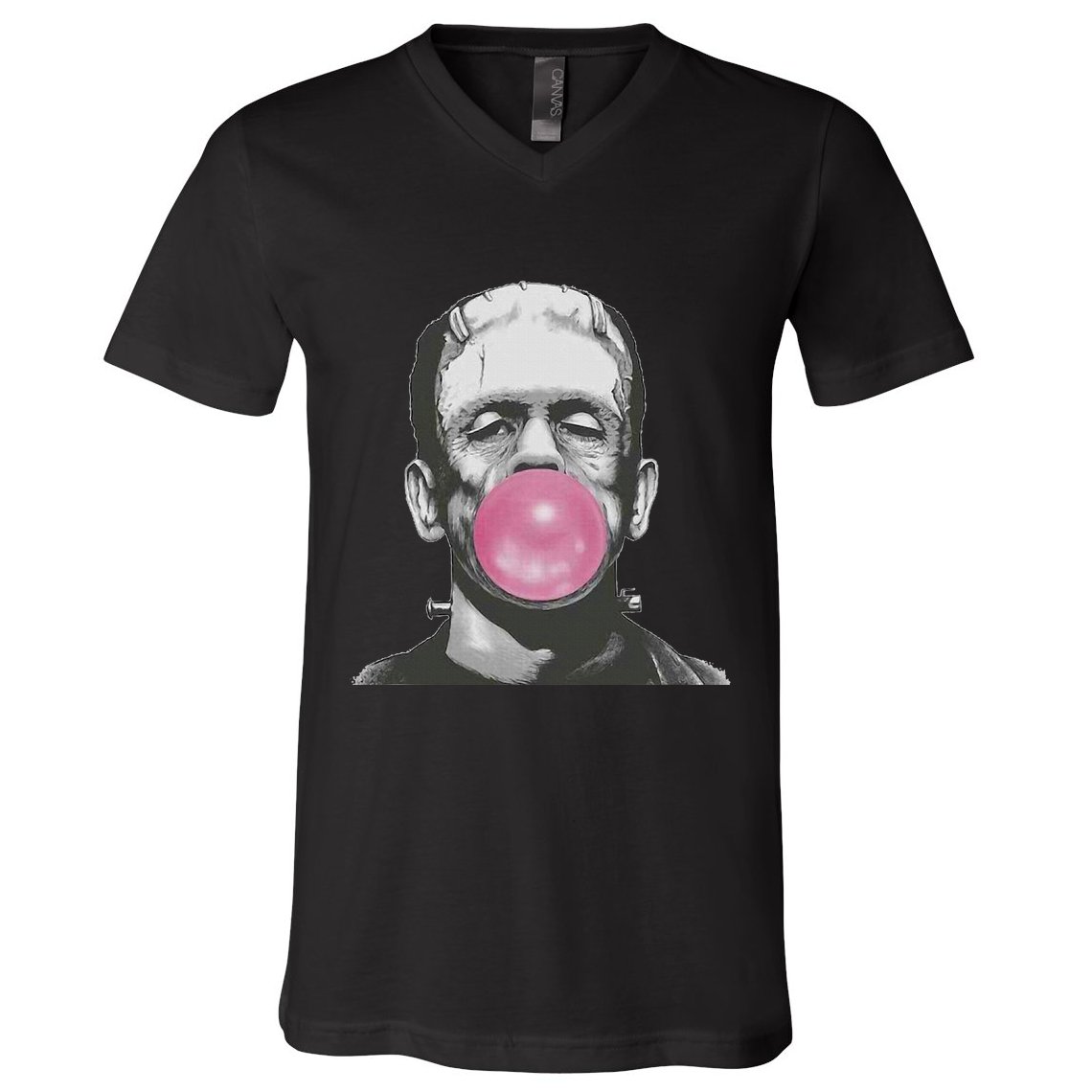 Frankenstein Monster With Pink Bubblegum Bubble V-Neck T-Shirt