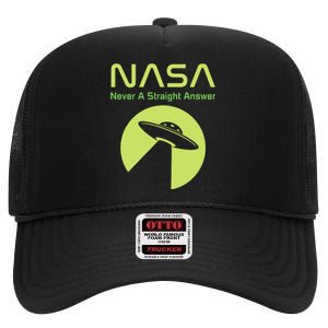 Funny NASA Alien UFO Conspiracy Never A Straight Answer High Crown Mesh Back Trucker Hat