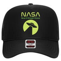 Funny NASA Alien UFO Conspiracy Never A Straight Answer High Crown Mesh Back Trucker Hat