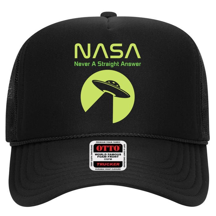 Funny NASA Alien UFO Conspiracy Never A Straight Answer High Crown Mesh Back Trucker Hat