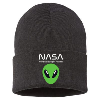 Funny NASA Alien UFO Conspiracy Never A Straight Answer Sustainable Knit Beanie