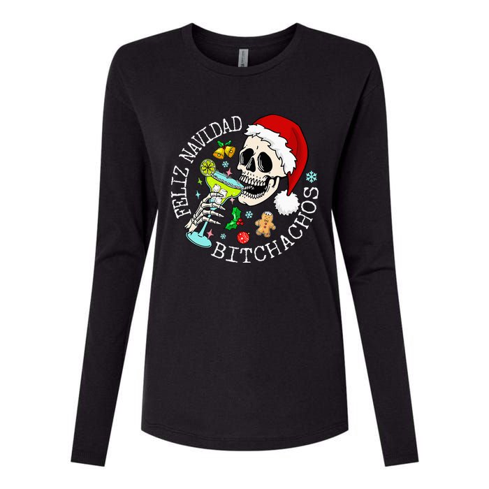 Feliz Navidad Bitchachos Funny Skull Spanish Merry Christmas Womens Cotton Relaxed Long Sleeve T-Shirt