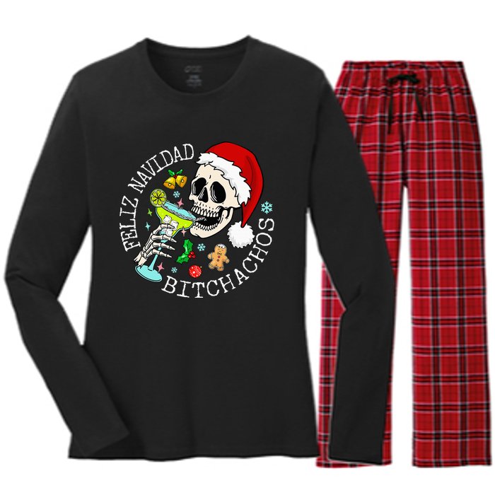 Feliz Navidad Bitchachos Funny Skull Spanish Merry Christmas Women's Long Sleeve Flannel Pajama Set 