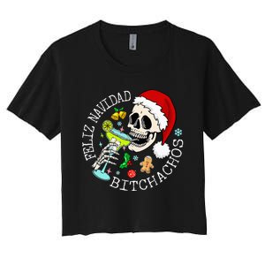 Feliz Navidad Bitchachos Funny Skull Spanish Merry Christmas Women's Crop Top Tee