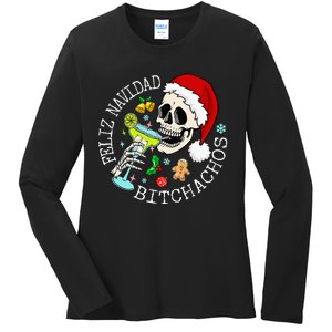 Feliz Navidad Bitchachos Funny Skull Spanish Merry Christmas Ladies Long Sleeve Shirt