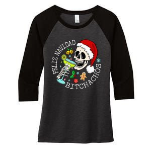 Feliz Navidad Bitchachos Funny Skull Spanish Merry Christmas Women's Tri-Blend 3/4-Sleeve Raglan Shirt