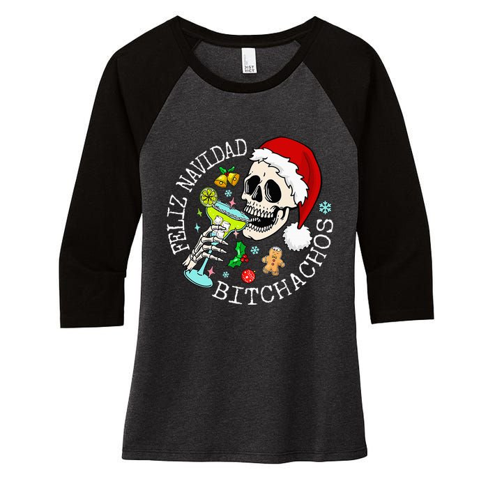 Feliz Navidad Bitchachos Funny Skull Spanish Merry Christmas Women's Tri-Blend 3/4-Sleeve Raglan Shirt