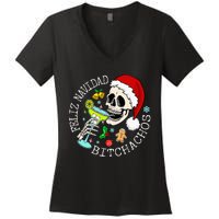 Feliz Navidad Bitchachos Funny Skull Spanish Merry Christmas Women's V-Neck T-Shirt