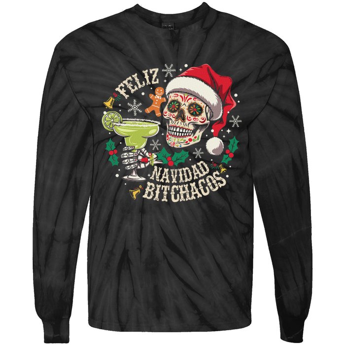 Feliz Navidad Bitchachos Funny Skull Spanish Merry Christmas Tie-Dye Long Sleeve Shirt