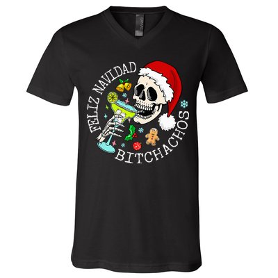 Feliz Navidad Bitchachos Funny Skull Spanish V-Neck T-Shirt