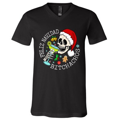 Feliz Navidad Bitchachos Funny Skull Spanish V-Neck T-Shirt