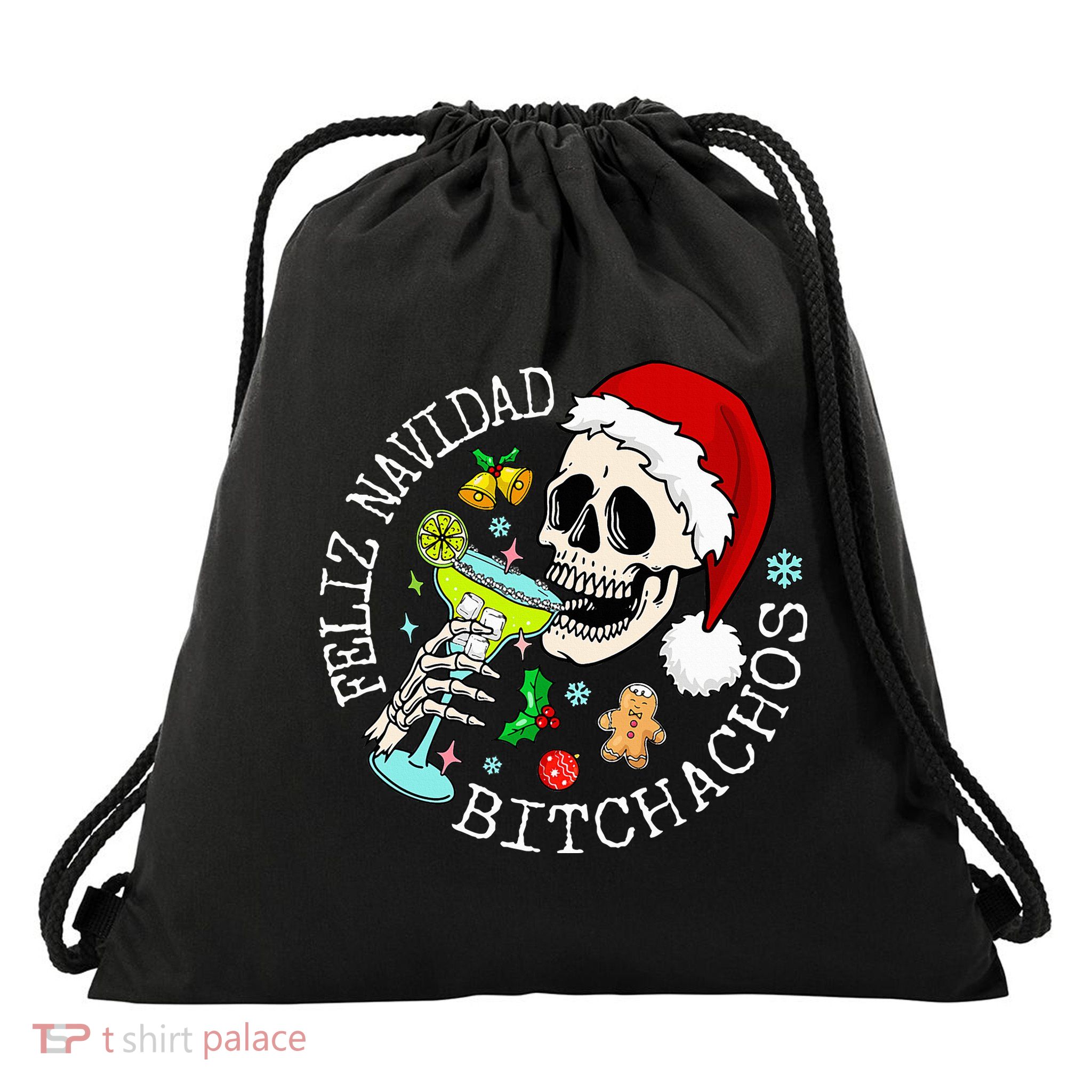 Feliz Navidad Bitchachos Funny Skull Spanish Drawstring Bag