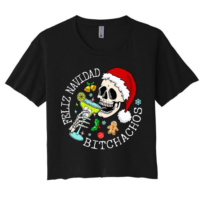 Feliz Navidad Bitchachos Funny Skull Spanish Women's Crop Top Tee