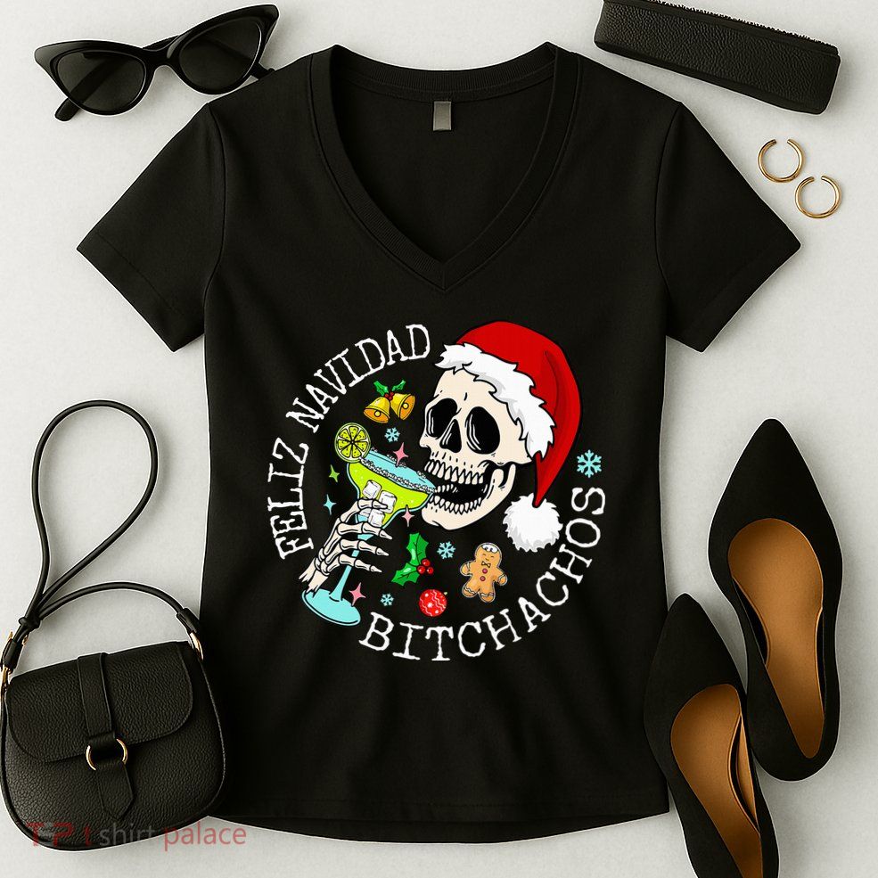 Feliz Navidad Bitchachos Funny Skull Spanish Women's V-Neck T-Shirt